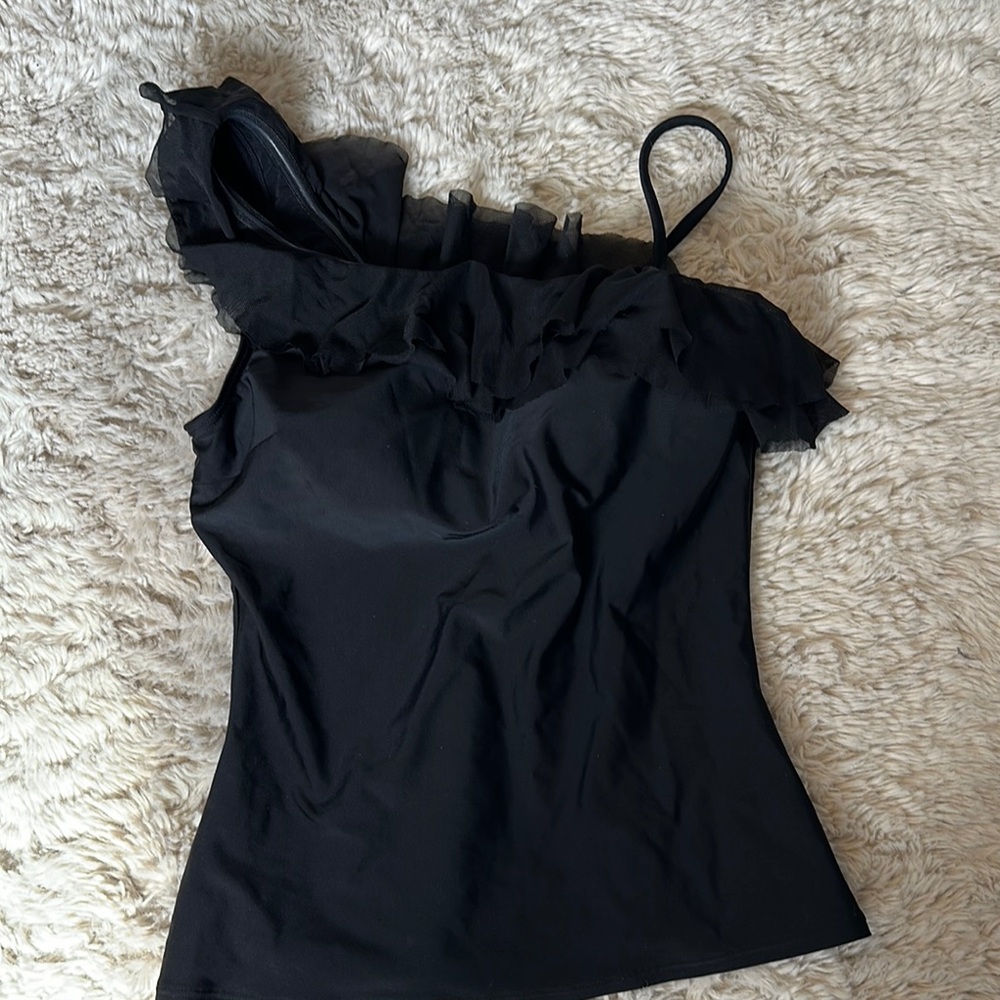 Elegant Black Ruffled Asymmetrical Swim Top
